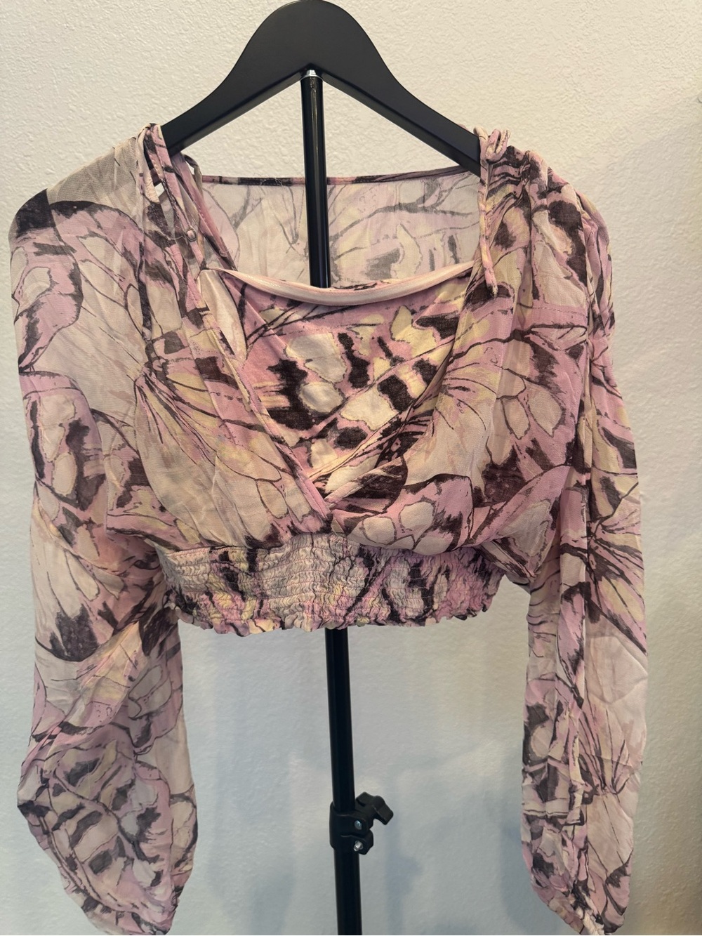 Anthropologie Pink Floral Sheer Cropped Blouse